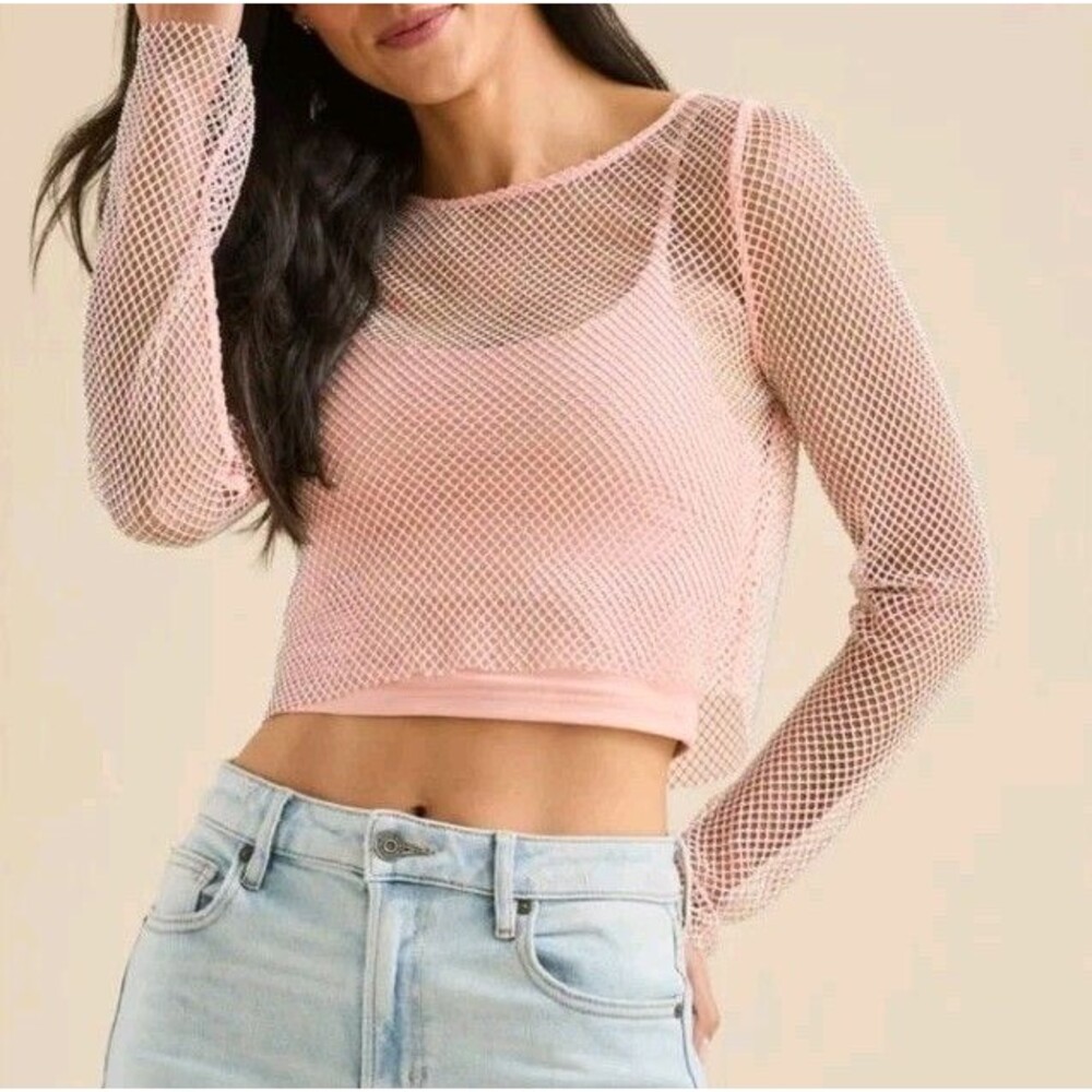 NEW Altar'd State Small Pink Mesh Overlay Iridescent Sheer Long Sleeve Top Shirt